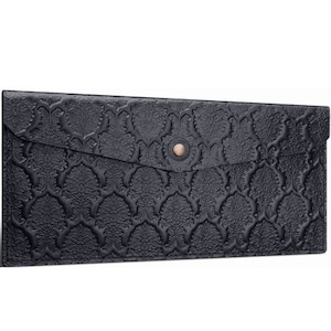 Estuche de damasco tipo sobre de cuero negro para: pasaporte, documentos, tarjetas y otros estuches de viaje Cartera de cuero Mini bolso de mano Sobre para efectivo Viaje