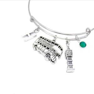 London Charm Bangle London Charm Bracelet England Charm Bracelet Big Ben Charm Double Decker Bus Britain themed bracelet UK London jewelry