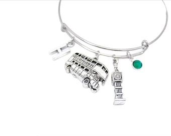 London Charm Bangle London Charm Bracelet England Charm Bracelet Big Ben Charm Double Decker Bus Britain themed bracelet UK London jewelry