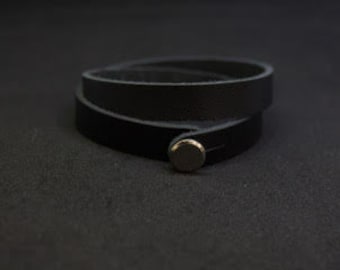 Black Leather Double Wrap Bracelet, Minimalist Mens Jewelry