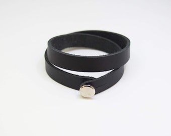 Black Leather Double Wrap Bracelet, Minimalist Mens Jewelry