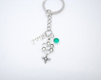 Honeycomb Bee Keychain: Initial, Birthstone Charm