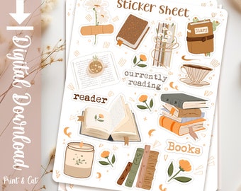 Reading Journal Book Printable Sticker Sheet , Bookish Digital Stickers, Book Lover Digital Sticker, PNG Reading Stickers, Bookworm Stickers