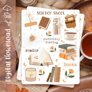 Printable Sticker Sheet - Books | journal stickers, planner stickers, scrapbook stickers, book stickers, cozy art, illustration, reading