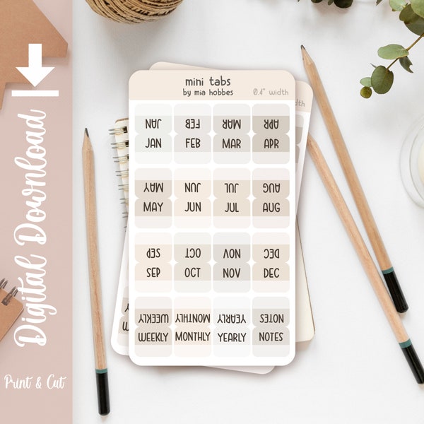PRINTABLE Mini Hobonichi Tab Stickers , Neutral Color Tab Sticker For Hobonichi Cousin And Weeks or any planner By Mia Hobbes