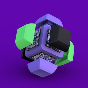 May include: A geometric cube made of purple, green and black blocks. The cube is made up of smaller cubes that are arranged in a pattern. The cube is on a purple background.