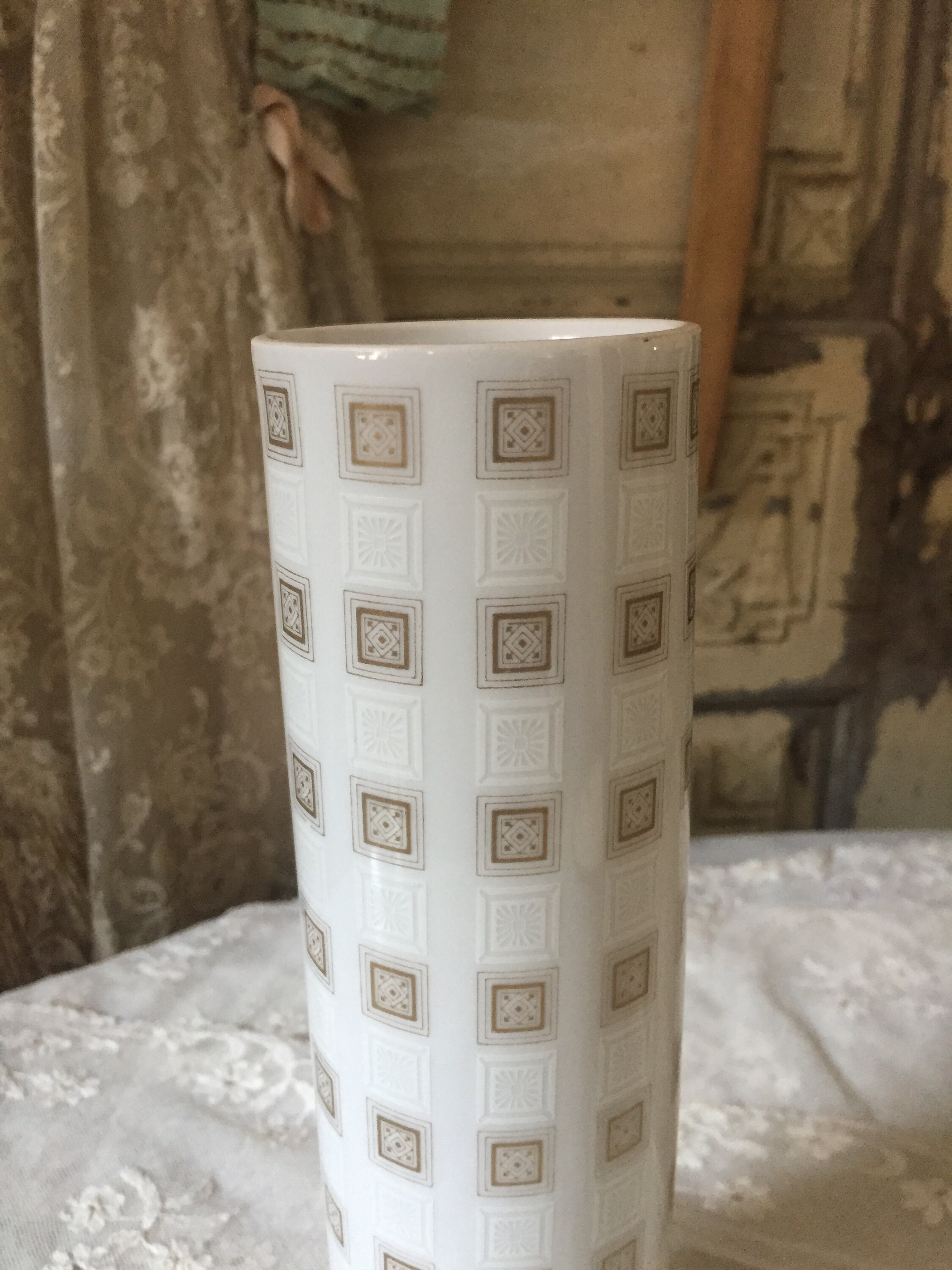 Vintage Porcelain Vase Flower Vase Wood Base Cylindrical Shape Etsy UK