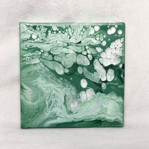 Acrylic Pour green forest green sage monochrome acrylic painting 6x6 small painting decorative art