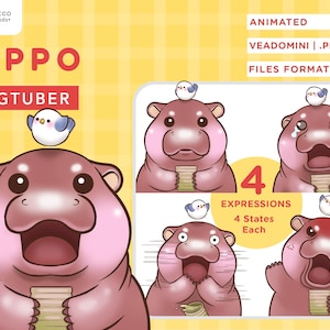 May include: Animated PNG clipart of a pink hippopotamus with four different expressions. The hippo is holding a rolled-up piece of paper and has a small bird perched on its head. The text "HIPPO PNGTUBER" is at the top of the image. The text "4 EXPRESSIONS 4 States Each" is at the bottom of the image.
