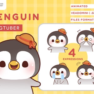 May include: Animated penguin character with 4 different expressions. The penguin is wearing a brown hat with a red ribbon. The expressions include happy, surprised, crying, and angry. The text "VEADOMINI | .GIF | .PNG" and "FILES FORMAT" are also included in the image.