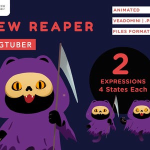 Op de afbeelding: Digitale illustratie van een paars Mew Reaper-personage met een schedelachtig gezicht, met een zeis. De afbeelding bevat de tekst "MEW REAPER" en "PNGTUBER". Extra tekst geeft "2 Uitdrukkingen, 4 staten elk" aan.