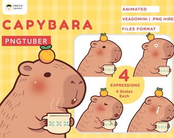 May include: Animated PNG illustration of a capybara with four different expressions. The capybara is wearing a small orange on its head and holding a cup of tea. The expressions include a neutral expression, a surprised expression, an angry expression, and a sad expression.