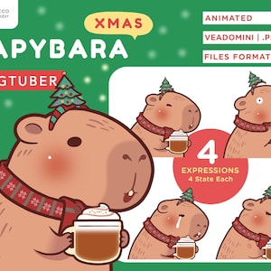 May include: Animated Christmas capybara with four different expressions. The capybara is wearing a red and white scarf with a small Christmas tree on its head. The capybara is holding a cup of hot chocolate with whipped cream.