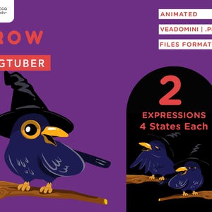 Op de afbeelding: Een cartoon illustratie van een kraai met een heksenhoed, zittend op een tak. De afbeelding bevat de tekst "CROW PNGTUBER" en details over geanimeerde bestanden met twee uitdrukkingen en vier staten elk. De achtergrond is paars.
