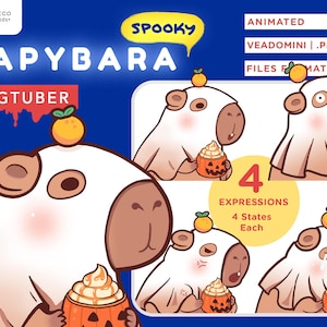May include: Four animated expressions of a capybara dressed as a ghost holding a jack-o'-lantern with whipped cream. The capybara is wearing an orange on its head. The text "SPOOKY CAPYBARA" is at the top of the image. The text "PNGTUBER" is at the bottom left of the image. The text "ANIMATED VEADOMINI | .PNG HIRES" is at the top right of the image. The text "FILES FORMAT" is below that. The text "4 EXPRESSIONS 4 States Each" is in the center of the image.