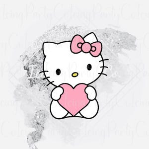 Op de afbeelding: Een witte cartoonkat met een roze strik en een roze hart. De kat heeft zwarte ogen, snorharen en een gele neus. De afbeelding staat op een witte achtergrond met een grijs, aquarelachtig ontwerp.