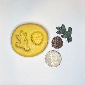 May include: A yellow silicone mold with a pine branch and pine cone design. Also shown are a green pine branch, a brown pine cone, and a US quarter for size comparison. The mold is for crafting.