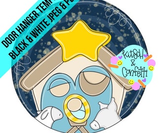 May include: A circular graphic featuring a nativity scene with a yellow star, a blue figure, a central infant, and two white animals under a dark blue speckled sky. The text reads DOOR HANGER TEMPLATE BLACK & WHITE JPEG & PDF and Kitsch & Confetti.