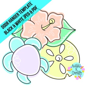 May include: A door hanger template featuring a sea turtle, a seashell, and a hibiscus flower. The template is available in black and white JPEG and PDF formats. The text "Kitsch & Confetti" is visible in the bottom right corner.