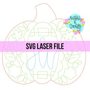 Puede incluir: Un diseño de archivo láser SVG en forma de calabaza con detalles florales y de hojas. El diseño incluye el texto "SVG LASER FILE" en negro, con un "HW" cursivo azul claro en el centro. El contorno es rojo, con acentos verdes y azul claro.