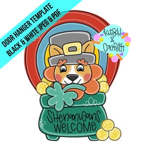 TEMPLATE: St Patricks day door hanger template, St Patricks Day corgi door hanger template, Leprechaun gnome door hanger template