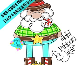 May include: A digital illustration of a character wearing a brown hat, a green plaid shirt, a brown belt with a yellow star buckle, and brown boots with red and white striped accents. Text reads DOOR HANGER TEMPLATE BLACK & WHITE JPEG & PDF and add ribbon legs.