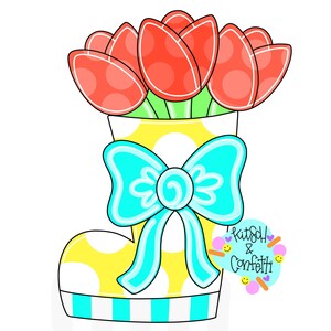 Peut inclure: Une botte de pluie jaune à pois blancs et un nœud bleu. La botte est remplie d'un bouquet de tulipes rouges.