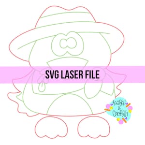 May include: A green line drawing of a cartoon penguin wearing a red and green striped hat. The penguin is wearing a scarf and has a large beak. The image is labeled "SVG LASER FILE".