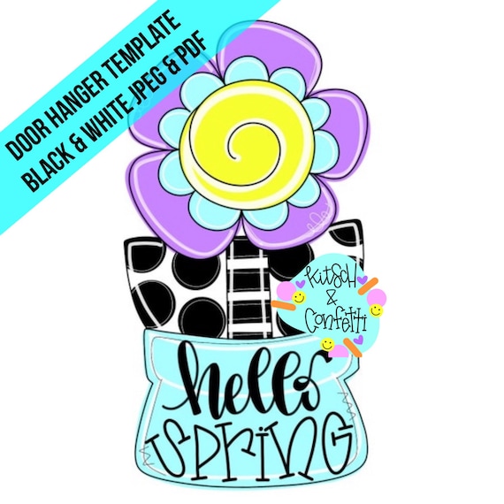 TEMPLATE: Hello Spring door hanger template, flower door hanger template, flower pot door hanger template