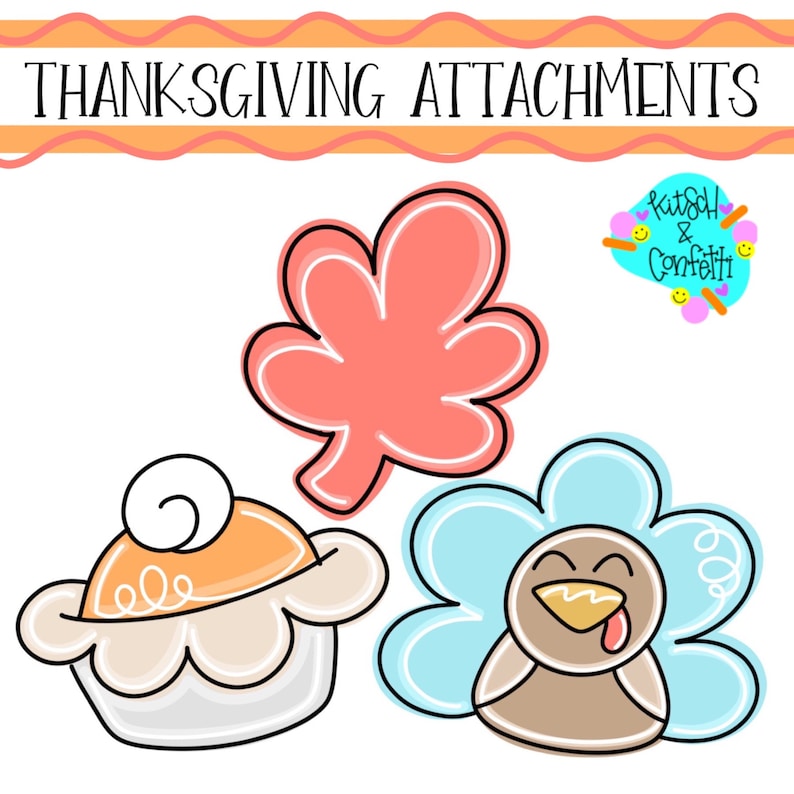 May include: Three Thanksgiving-themed cookie cutters: a red leaf, a brown turkey with blue feathers, and a tan pie with a white swirl on top.