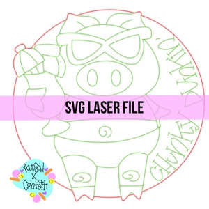 May include: Line art illustration of a pig wearing goggles and holding a water gun. The pig is wearing a superhero costume and the text "CHUNKY" and "UNICORN" are written around the pig. The text "SVG LASER FILE" is written in a pink banner.