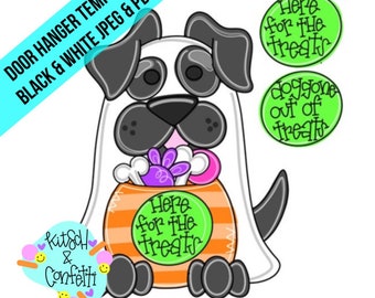 Op de afbeelding: Een digitale afbeelding van een hond in een spookkostuum, die een oranje gestreepte emmer vasthoudt gevuld met botten en een pootafdruk. De tekst luidt "Here for the treats" en "doggone out of treats". Inclusief "Kitsch & Confetti" logo en sjabloontekst.