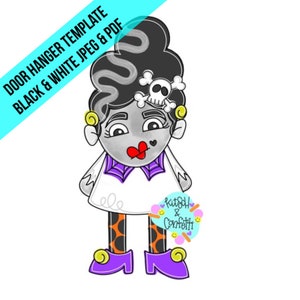 Op de afbeelding: Een digitale illustratie van een personage met een hoog zwart kapsel, een schedel-haaraccessoire en een witte jurk met een paarse spinnenwebkraag. Het personage draagt een oranje en zwarte legging met stippen en paarse schoenen.