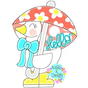 May include: A white cartoon goose with a pink blush holding a red and white umbrella with white polka dots and the word "hello" written on it. The goose is wearing yellow rain boots and a blue bow.