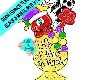 May include: A yellow Mardi Gras themed door hanger with a red jester, purple, green, and gold beads, and the text "Life of the Mardi".
