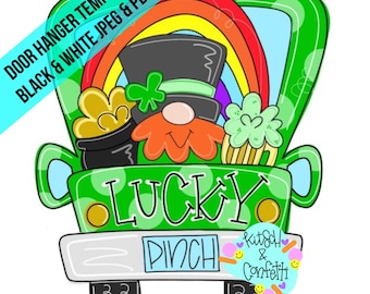 Puede incluir: Una plantilla digital para colgador de puerta con un camión verde, un arcoíris, un gnomo con sombrero de copa negro, una olla de oro y una jarra de cerveza. El camión tiene el texto LUCKY y PINCH. Una banda azul dice DOOR HANGER TEMPLATE BLACK & WHITE JPEG & PDF.