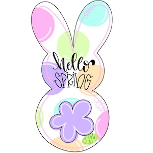 May include: A pink and white bunny cookie cutter with pastel coloured polka dots and the text "hello spring".