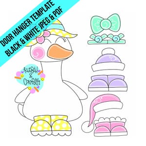 May include: A digital door hanger template featuring a white goose character with a yellow polka dot hat and boots. The image includes text reading DOOR HANGER TEMPLATE BLACK & WHITE JPEG & PDF and Kitsch & Confetti, plus separate accessories like bows, hats, and shoes.