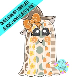 May include: A digital door hanger template featuring a ghost wearing a witch hat and an orange bow. The ghost body has vertical panels with leopard print, yellow flowers, green polka dots, orange pumpkins, and brown stripes. Text reads DOOR HANGER TEMPLATE BLACK & WHITE JPEG & PDF.