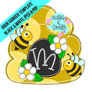 May include: A yellow and black door hanger template with a bee theme. The design includes two cartoon bees, white flowers, and a black oval with the letter "M". Text on the image reads "Door Hanger Template Black & White JPEG & PDF".