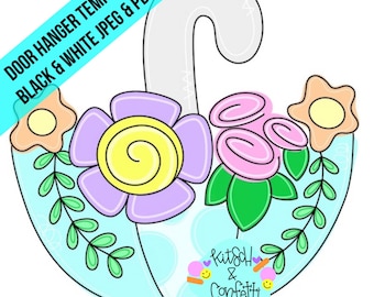 TEMPLATE: Spring door hanger template, flower door hanger template, umbrella door hanger template