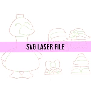 Könnte beinhalten: Strichzeichnung einer lächelnden Cartoon-Ente mit Accessoires, darunter ein Hut, eine Fliege und Schuhe. Der Text "SVG LASER FILE" wird in schwarzen Buchstaben auf rosa Hintergrund angezeigt. Das Design ist für das Laserschneiden geeignet.