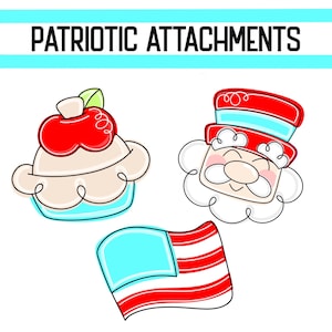 Puede incluir: Tres ilustraciones de temática patriótica: una bandera estadounidense roja, blanca y azul, un personaje de Tío Sam rojo, blanco y azul y una tarta de manzana roja, blanca y azul.
