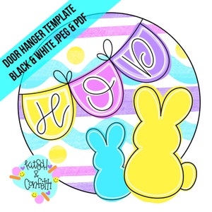 May include: A round door hanger template with a pastel striped background. The template features a banner with the word "HOO" and two bunny silhouettes. The text "Kitsch & Confetti" is in the lower left corner.