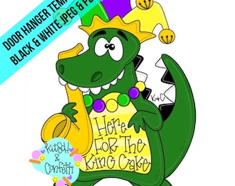 May include: A green cartoon alligator wearing a jester hat and holding a yellow saxophone. The alligator is wearing a purple and green beaded necklace and has the text "Here For The King Cake" on its chest.