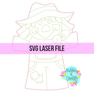 May include: A line drawing of a scarecrow with a hat, overalls, and a friendly face. The drawing is in green and red lines on a white background. The text "SVG LASER FILE" is in pink letters on a white background.
