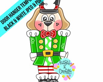 May include: A cartoon dog dressed as a nutcracker. The dog is wearing a green and white uniform with a red bow tie. The dog has a brown and white fur pattern and a red hat with a white plume. The dog is standing on a white background.