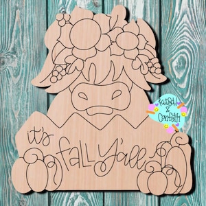 WOODEN BLANK CUTOUT: Fall door hanger blank, Highland cow wooden cutout