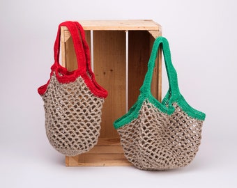 Bolsa de crochet o rejilla, bolsa eco para mercado reutilizable, acabada en rojo o verde, cero residuos, regalo sostenible y ecológico