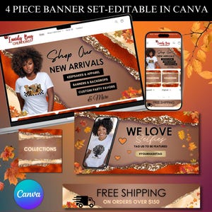 Könnte beinhalten: Ein vierteiliges Banner-Set mit Herbstthema. Das Set enthält einen Laptop, ein Telefon und zwei zusätzliche Banner. Die Banner zeigen eine Frau in einem weißen T-Shirt, Herbstblätter und den Text "Shop Our New Arrivals". Das Set ist in Canva editierbar.